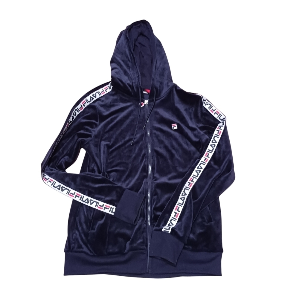 Fila Blue Velvet Full Zip Spellout Hooded Jacket Ladies Large Sporty Burnout